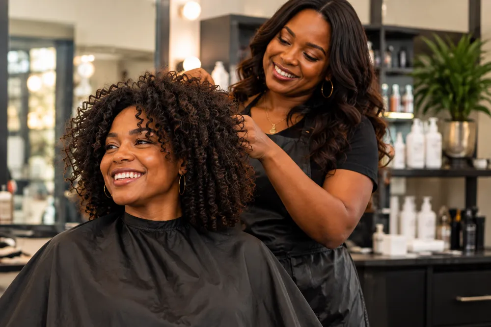 A stylist styling a smiling client's natural curls